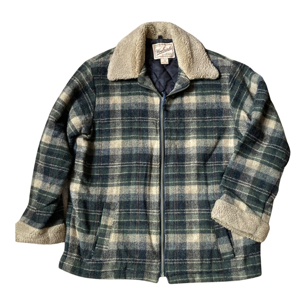Woolrich wool jacket womens medium faux fur collar plaid checkered print green